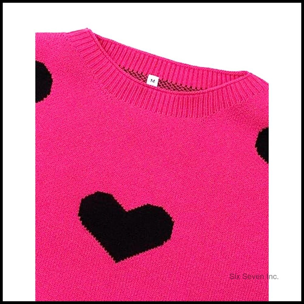 Crew Neck Pullover Sweater Long Sleeve Knitted Casual Y2K Cute Heart Pattern - Picture 6 of 7